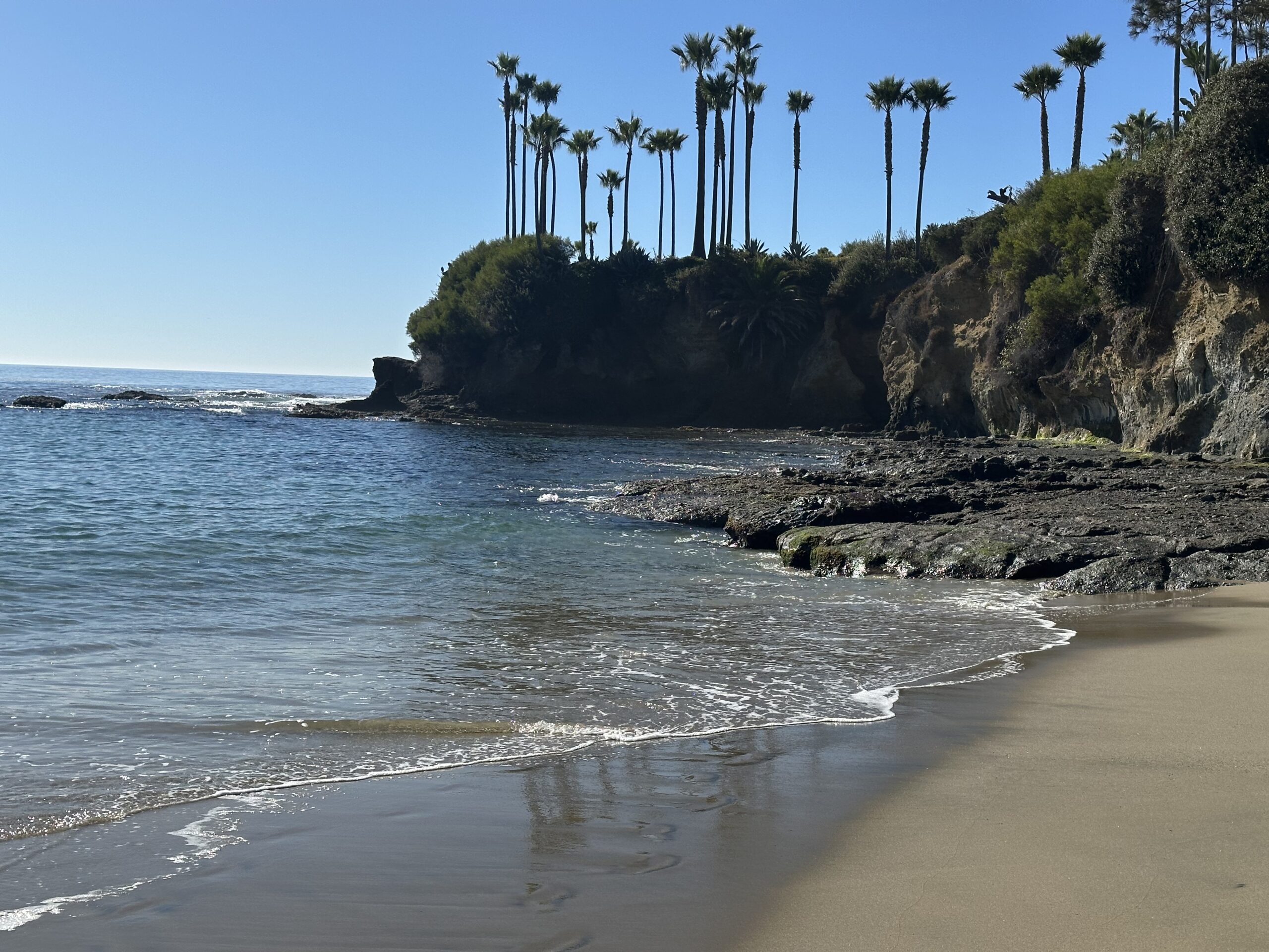 Tranquil beach scene showing gentle waves lapping against sandy shore, framed by rocky cliffs and palm trees under a clear blue sky.