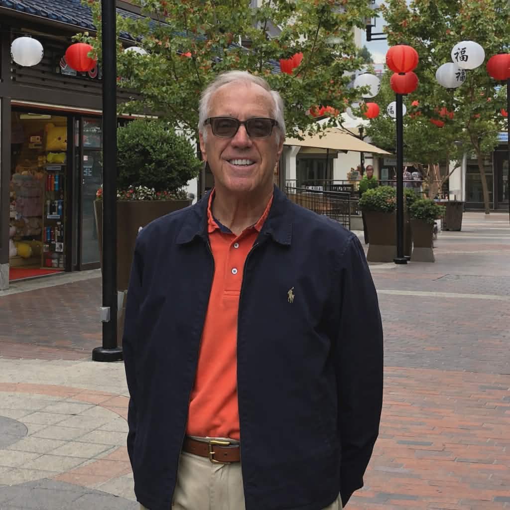 Smiling elderly man in a navy jacket and orange shirt stands in a plaza, flanked by shops and decorative lanterns, suggesting a lively outdoor setting.