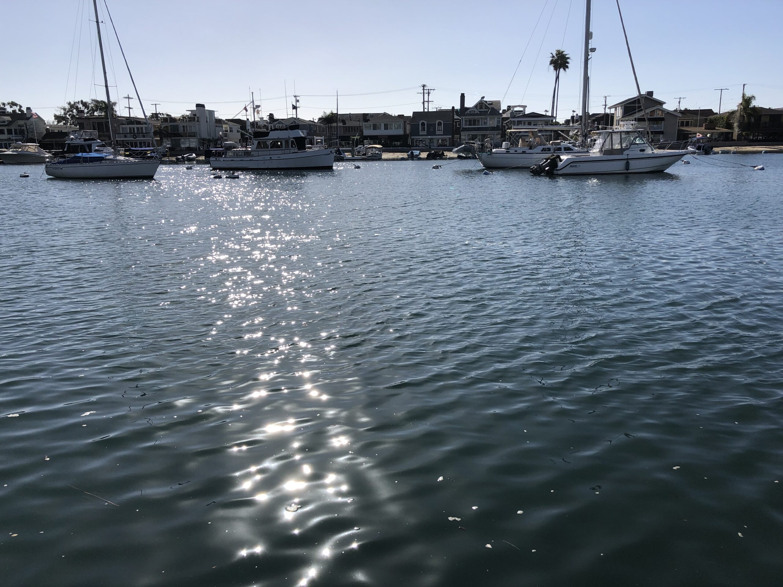 Boats float in a sparkling harbor, reflecting sunlight on a calm sea, with waterfront homes in the background, symbolizing coastal leisure.