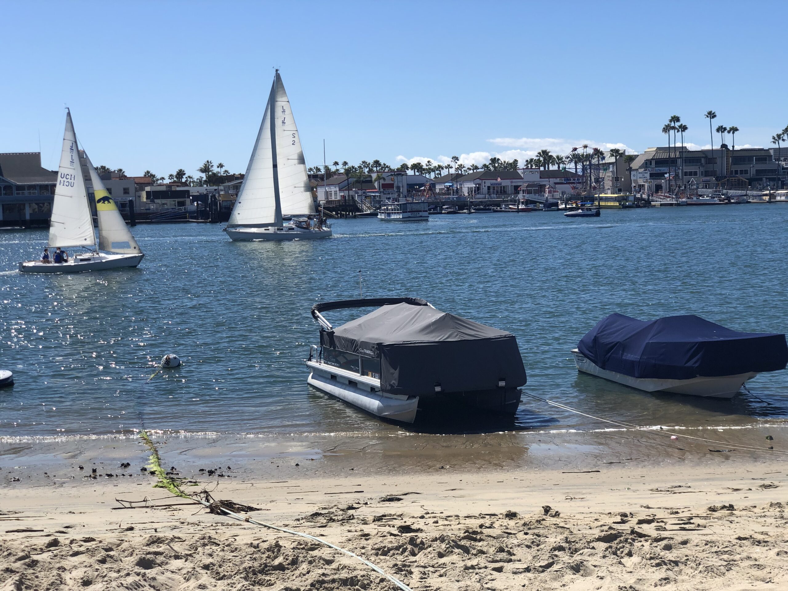 Sailboats navigate a calm bay with a sandy beach in the foreground, showcasing a vibrant waterfront scene and local boating activity.