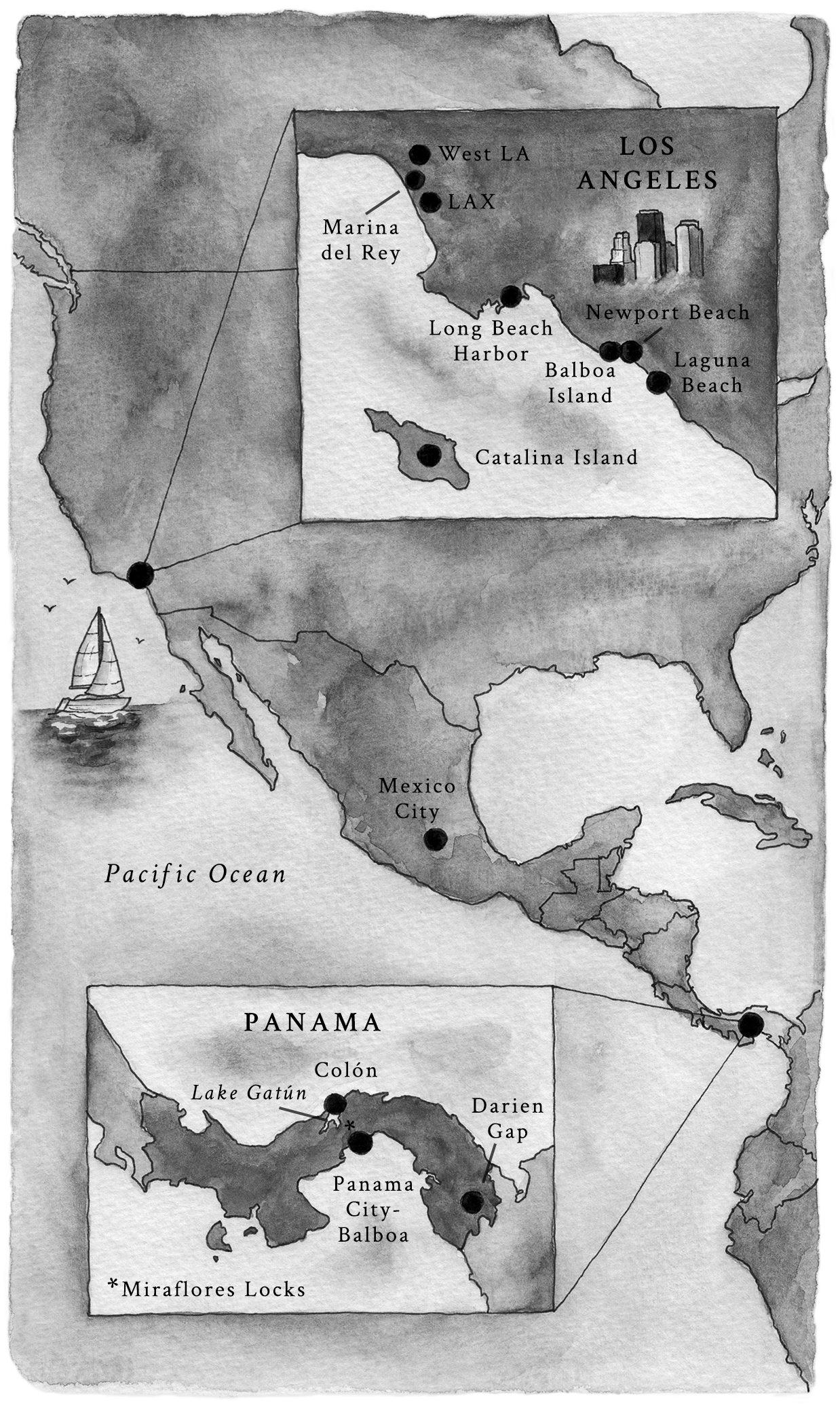 Map highlighting coastal areas in Los Angeles and locations in Panama, including Panama City and the Panama Canal, emphasizing travel routes.