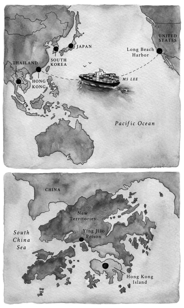 Map detailing shipping routes from Long Beach Harbor to East Asian locations including Japan, South Korea, and Hong Kong, emphasizing maritime connections.